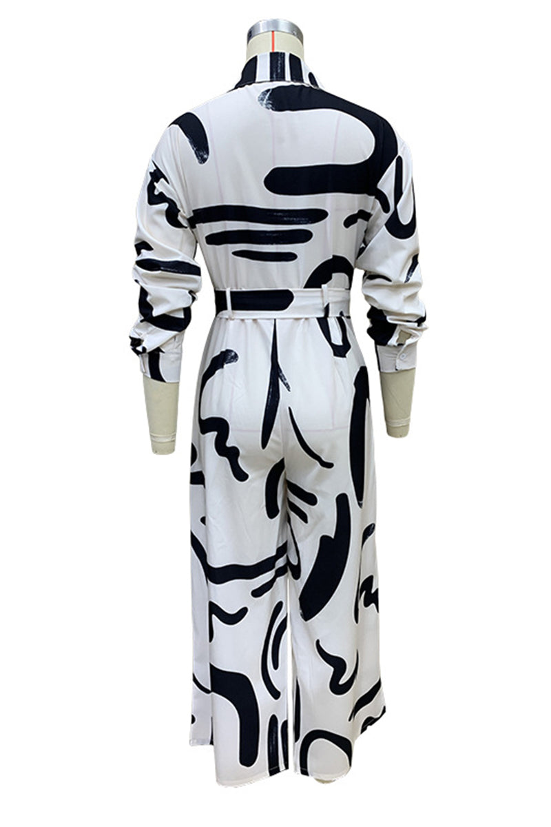 CM | Casual Street Geometric Print Lace Up Turn Down Collar Loose Jumpsuits