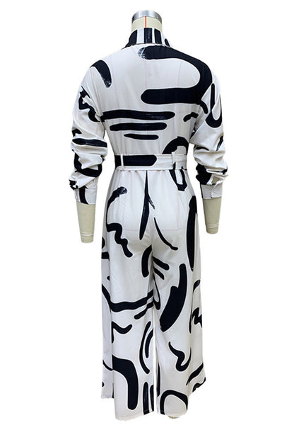 CM | Casual Street Geometric Print Lace Up Turn Down Collar Loose Jumpsuits