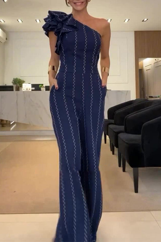 CM | Casual Stripes Irregular Stringy Selvedge Off Shoulder Loose Jumpsuits