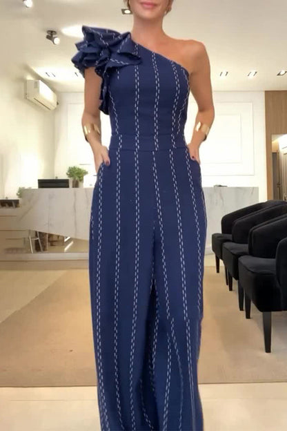 CM | Casual Stripes Irregular Stringy Selvedge Off Shoulder Loose Jumpsuits