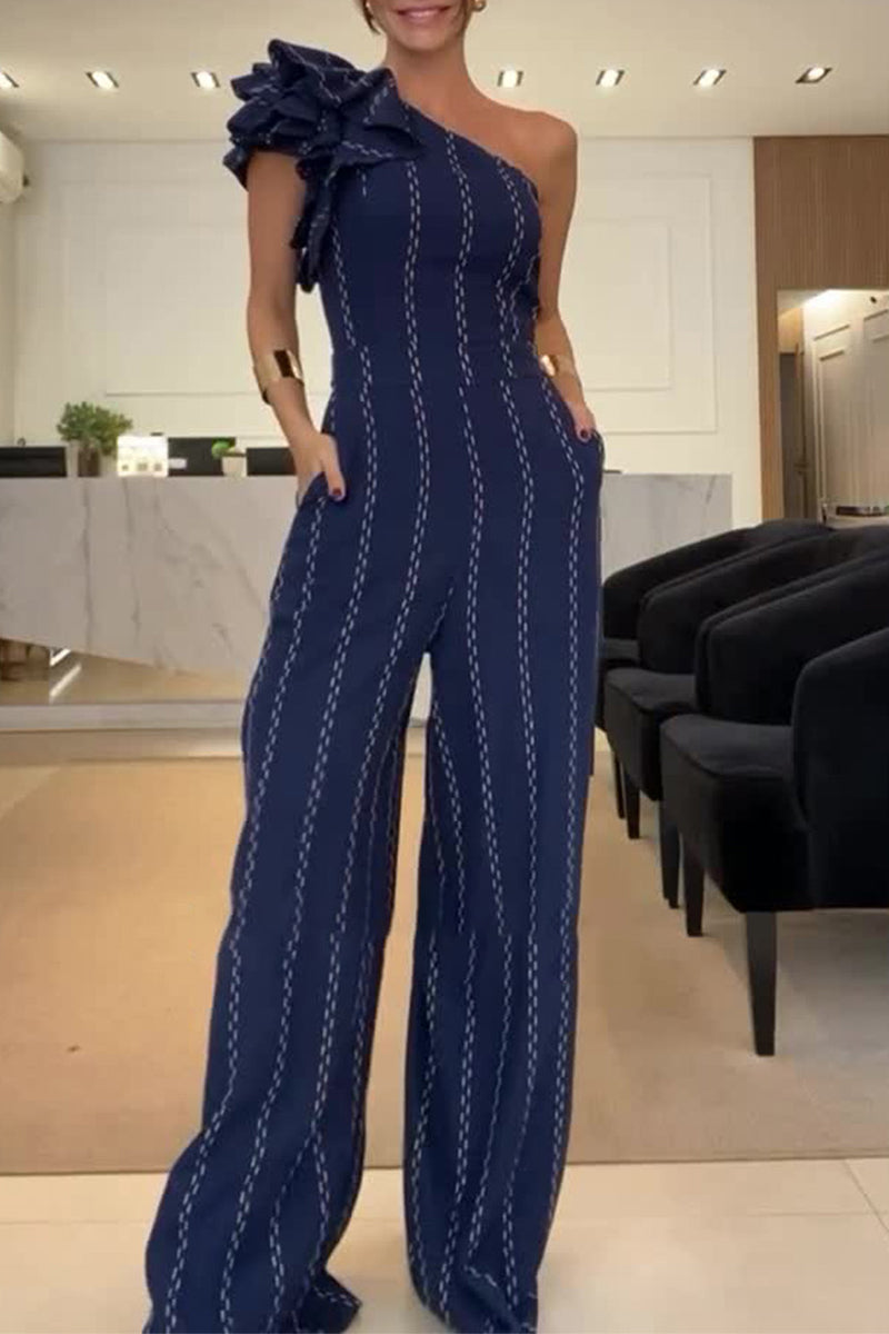 CM | Casual Stripes Irregular Stringy Selvedge Off Shoulder Loose Jumpsuits