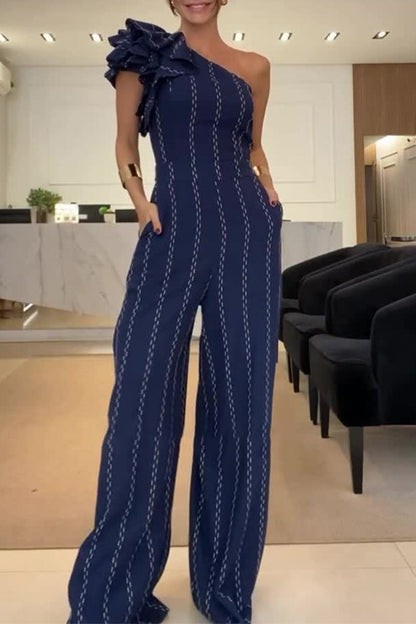 CM | Casual Stripes Irregular Stringy Selvedge Off Shoulder Loose Jumpsuits