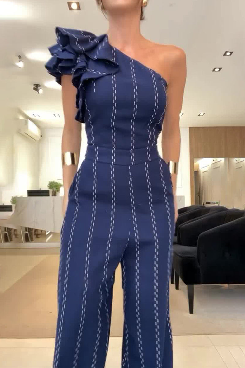 CM | Casual Stripes Irregular Stringy Selvedge Off Shoulder Loose Jumpsuits