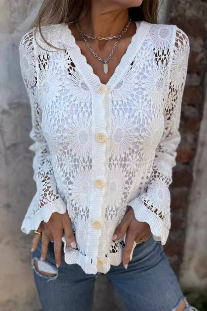 CM | Casual blusas de encaje botones ahuecados cuello en V (3 colores)