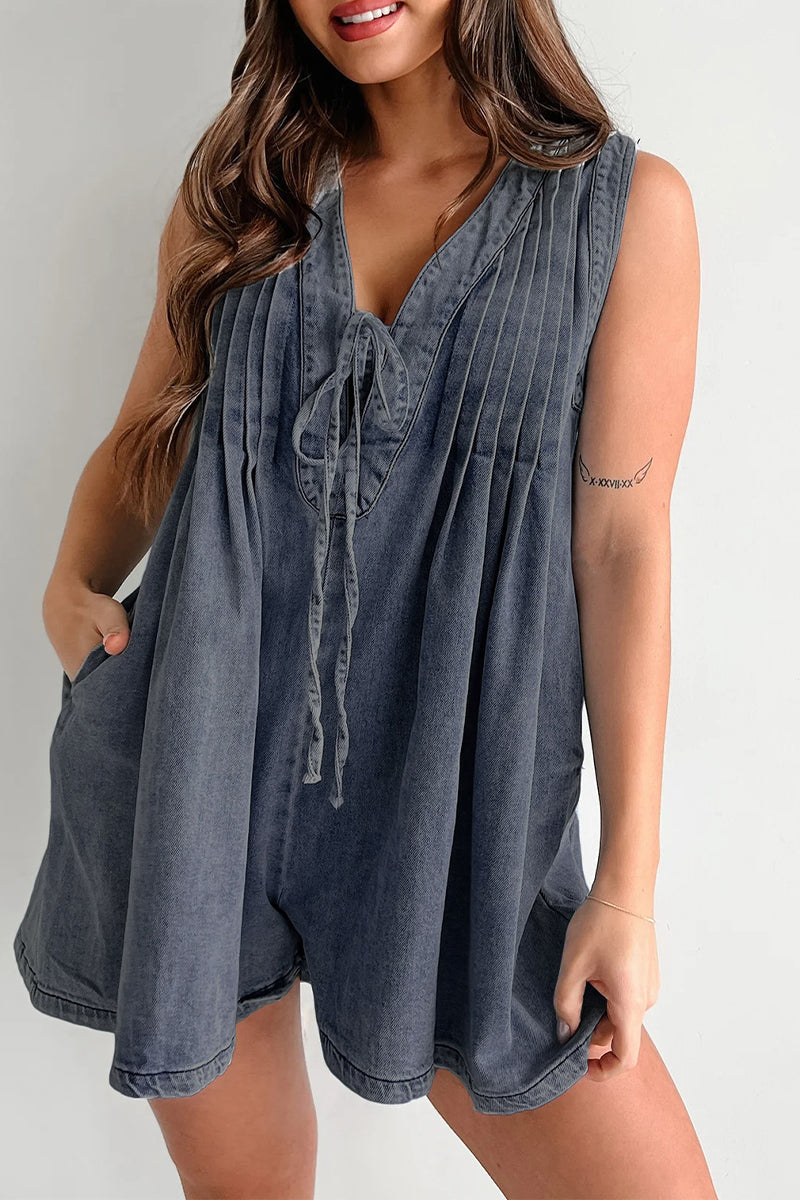 CM | Casual Street Solid Colour Pocket Lace Up V Neck Sleeveless Loose Denim Jumpsuits