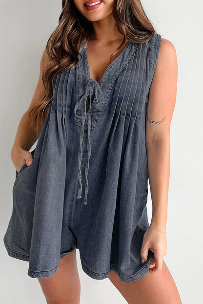 CM | Casual Street Solid Colour Pocket Lace Up V Neck Sleeveless Loose Denim Jumpsuits