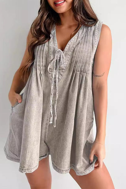 CM | Casual Street Solid Colour Pocket Lace Up V Neck Sleeveless Loose Denim Jumpsuits