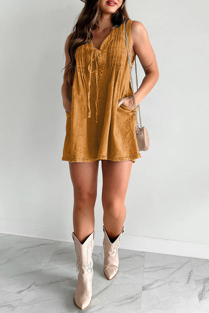 CM | Casual Street Solid Colour Pocket Lace Up V Neck Sleeveless Loose Denim Jumpsuits