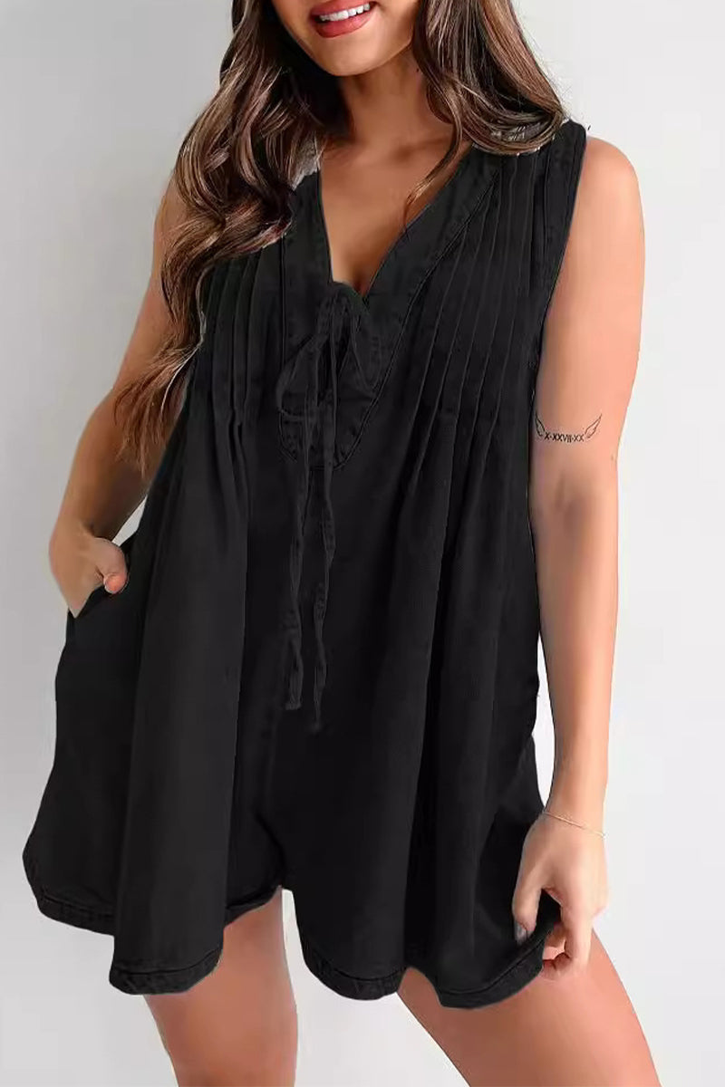 CM | Casual Street Solid Colour Pocket Lace Up V Neck Sleeveless Loose Denim Jumpsuits