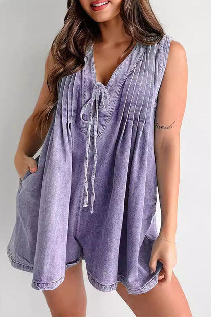 CM | Casual Street Solid Colour Pocket Lace Up V Neck Sleeveless Loose Denim Jumpsuits