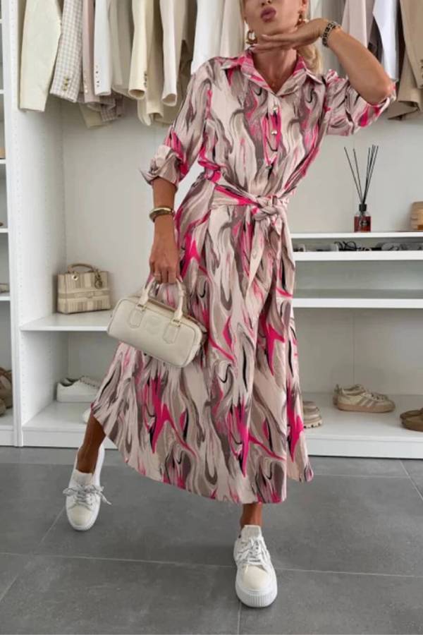 CM | Elegant Ease Vestido Midi de Raso Estampado con Cintura