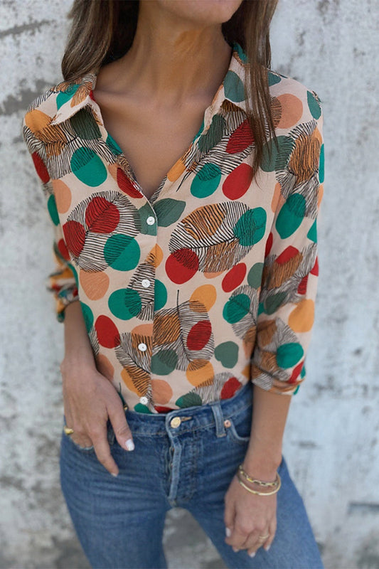 CM | Casual Polka Dot Leaf Print Buttons Contrast Turn Down Collar Blusas