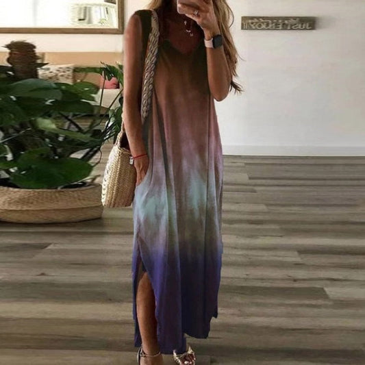 CM | Vestido largo de mujer - diseño degradado de colores - mezcla de algodón - sin mangas - abertura alta - corte holgado