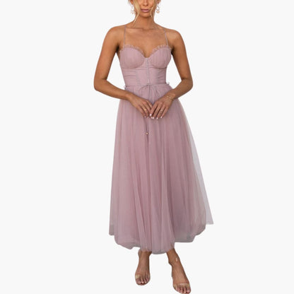 CM | maxi vestido de tul para mujer con tirantes finos y busto fruncido