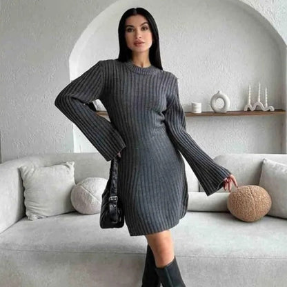 CM | Minivestido de punto de canalé de manga larga para mujer