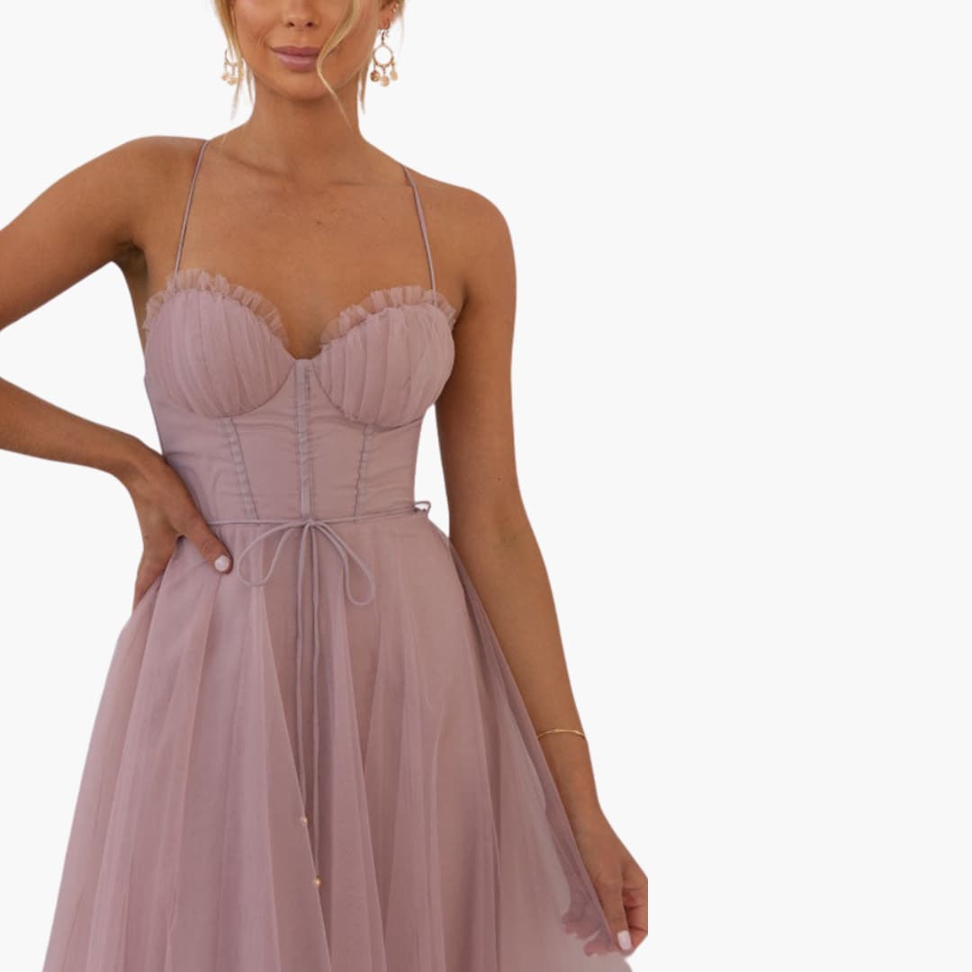 CM | maxi vestido de tul para mujer con tirantes finos y busto fruncido