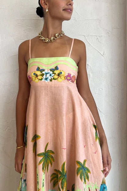 CM | Vestido midi con espalda fruncida y estampado tropical en mezcla de lino Coconut Scenery