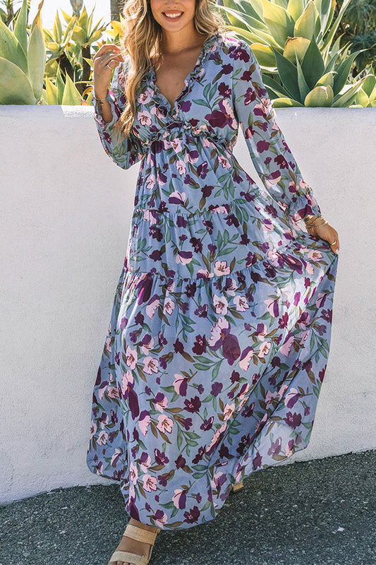 CM | Maxi vestido azul claro con estampado floral y ribete de volantes
