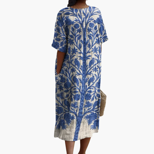 CM | Ladies vestido midi con cuello en V mangas cortas estampado floral
