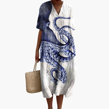 CM | Vestido midi de mujer con mangas cortas y estampado de animales marinos