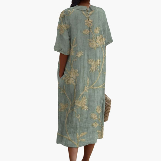 CM | Vestido midi de mujer con mangas cortas y bordado floral