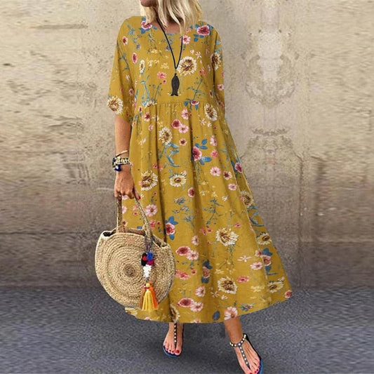 CM | Vestido largo de mujer - Estampado floral - Corte relajado - Mezcla transpirable - Cuello en V Mangas cortas