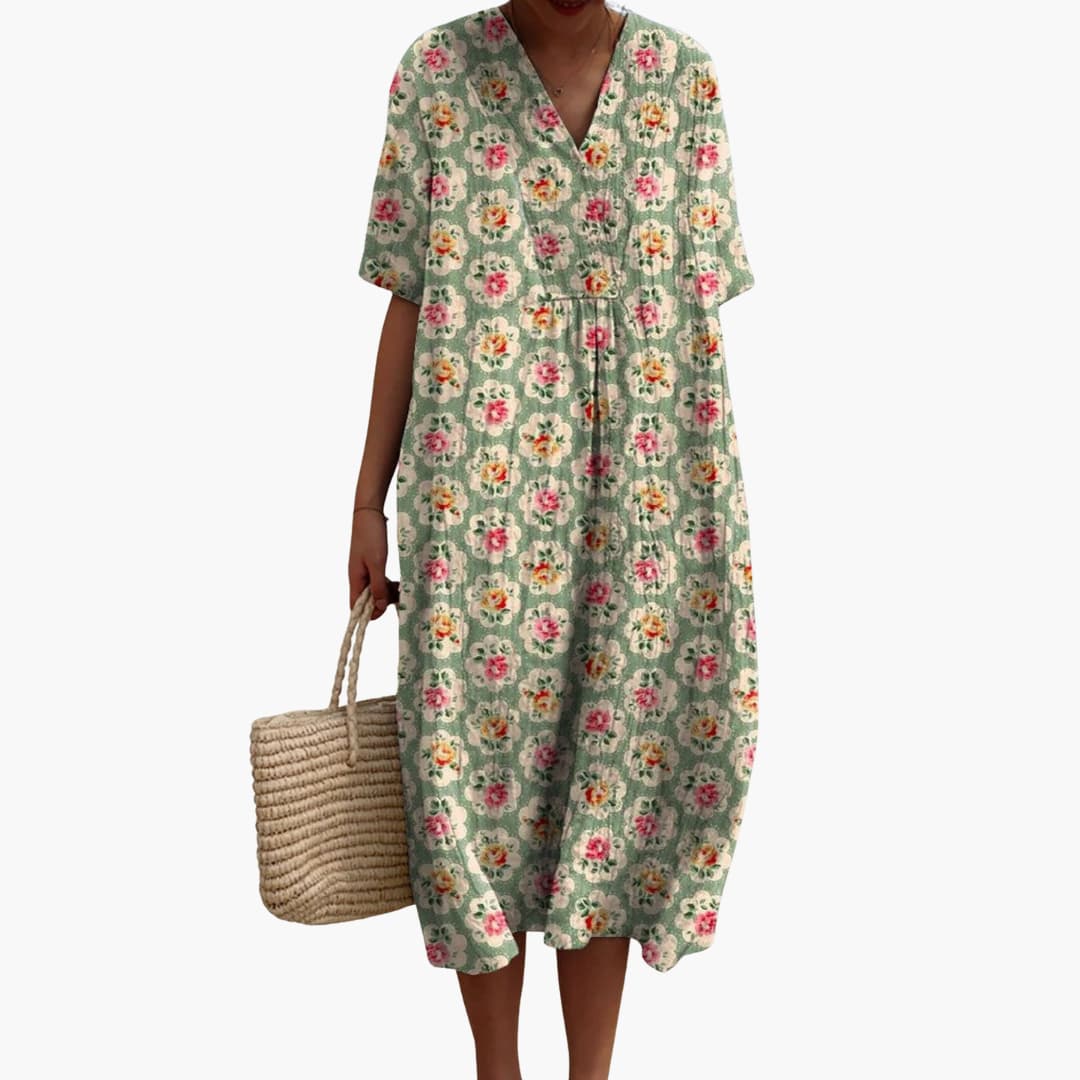 CM | Vestido midi de mujer de manga corta con estampado floral y escote en V