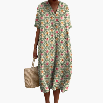 CM | Vestido midi de mujer de manga corta con estampado floral y escote en V