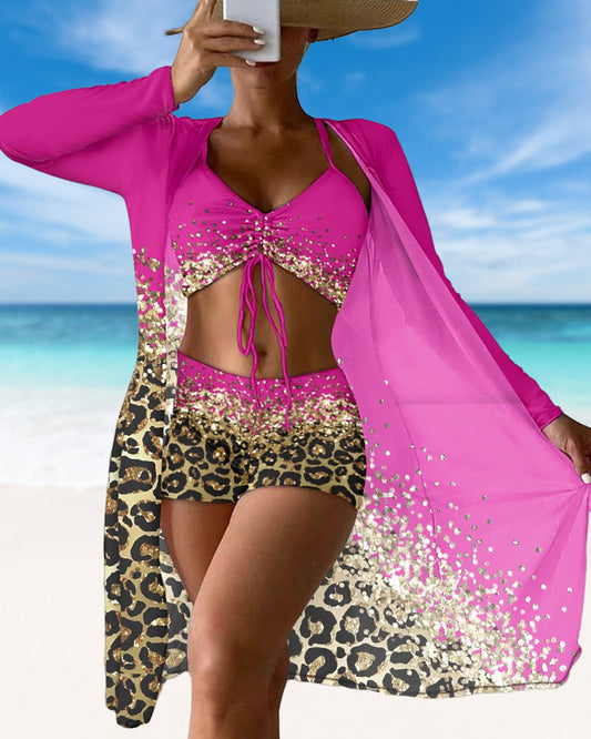 CM | Traje de baño de tres piezas con estampado ombre de leopardo