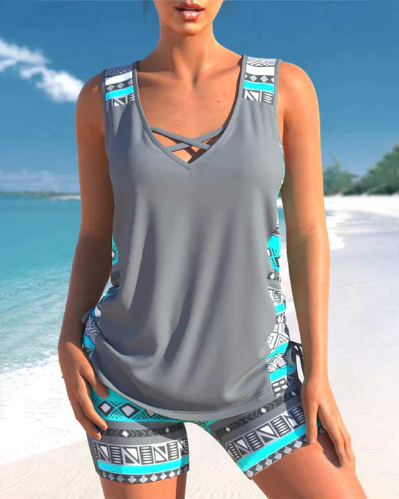 CM | Tankini con estampado tribal y detalle cruzado