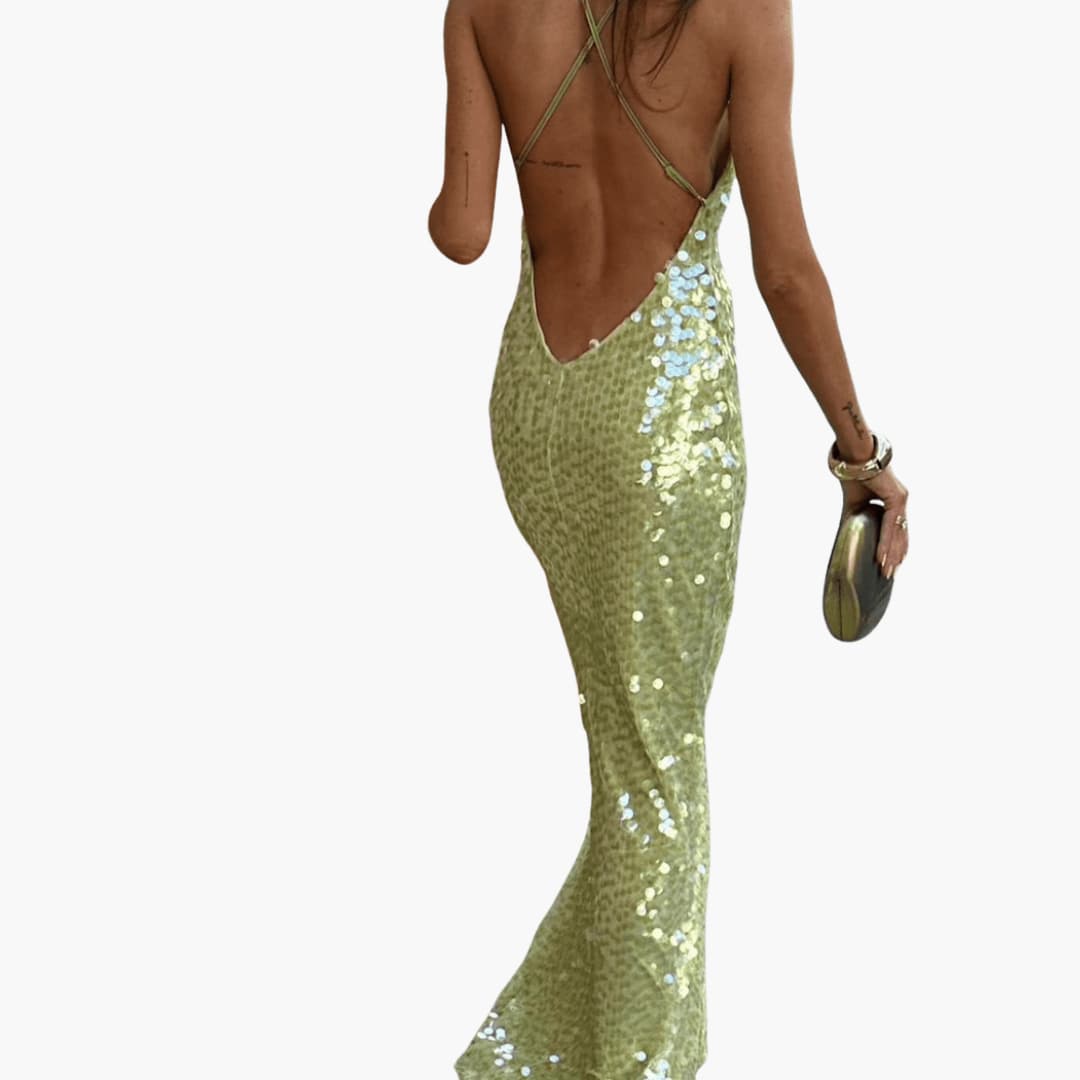 CM | maxi vestido de mujer con lentejuelas y escote barco sin mangas