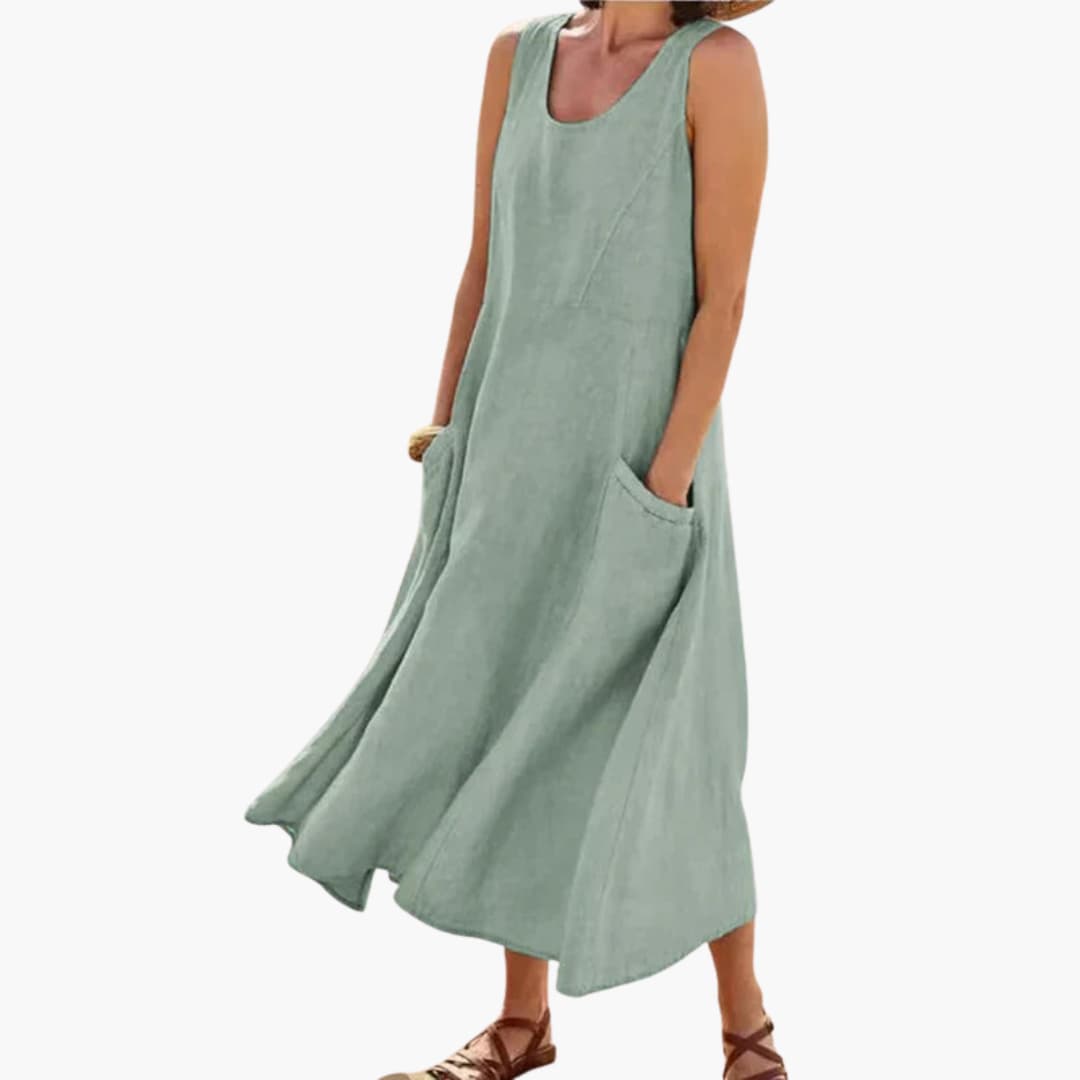 CM | Vestido midi sin mangas de lino para mujer con escote redondo y bolsillos