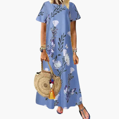 CM | maxi vestido de mujer con estampado floral, manga corta y escote redondo
