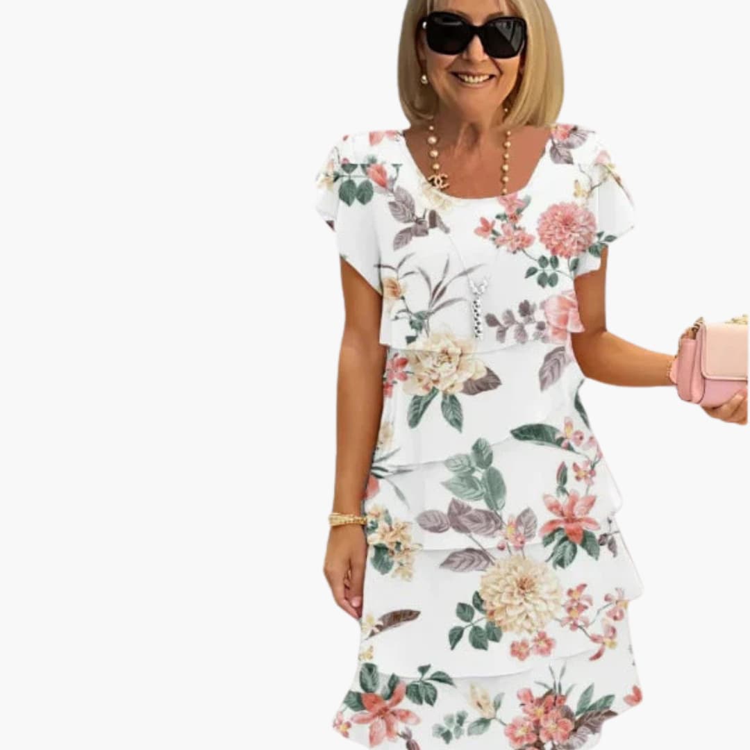 CM | Vestido midi floral de mujer con mangas cortas y capas escalonadas