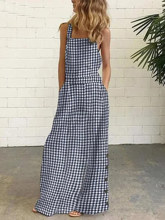 CM | Vestido largo de mujer - Estampado guinga - Corte holgado - Escote cuadrado - Tirantes anchos - Tapeta de botones