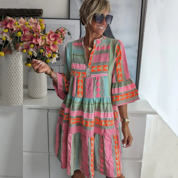 CM | Vestido corto de estilo bohemio con mangas largas y anchas