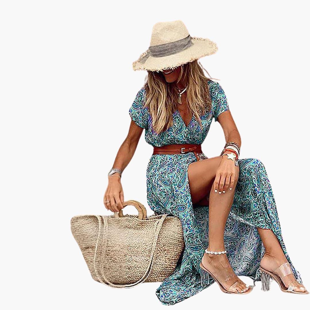 CM | maxi vestido de mujer con escote en V, manga corta y abertura lateral