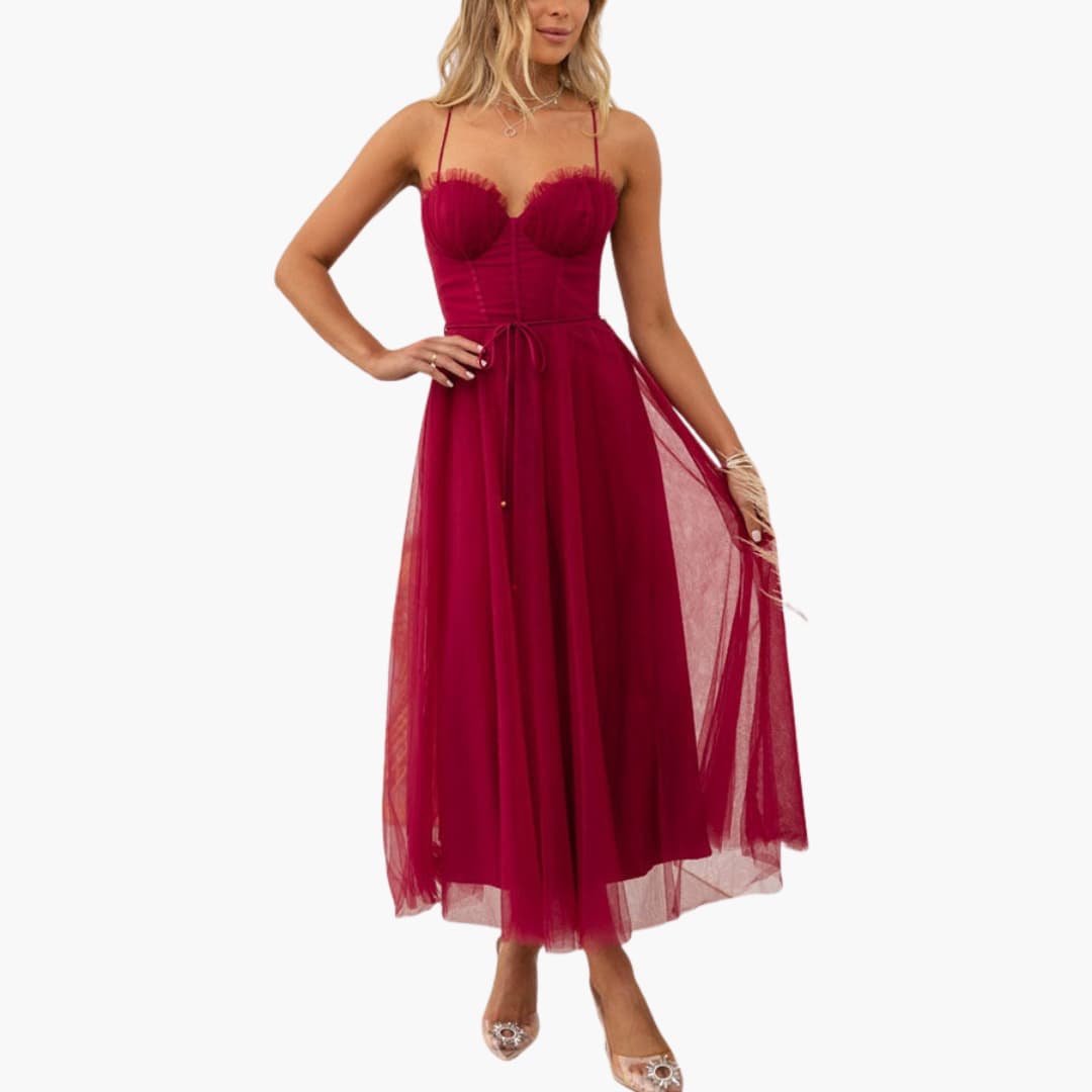 CM | maxi vestido de tul para mujer con tirantes finos y busto fruncido