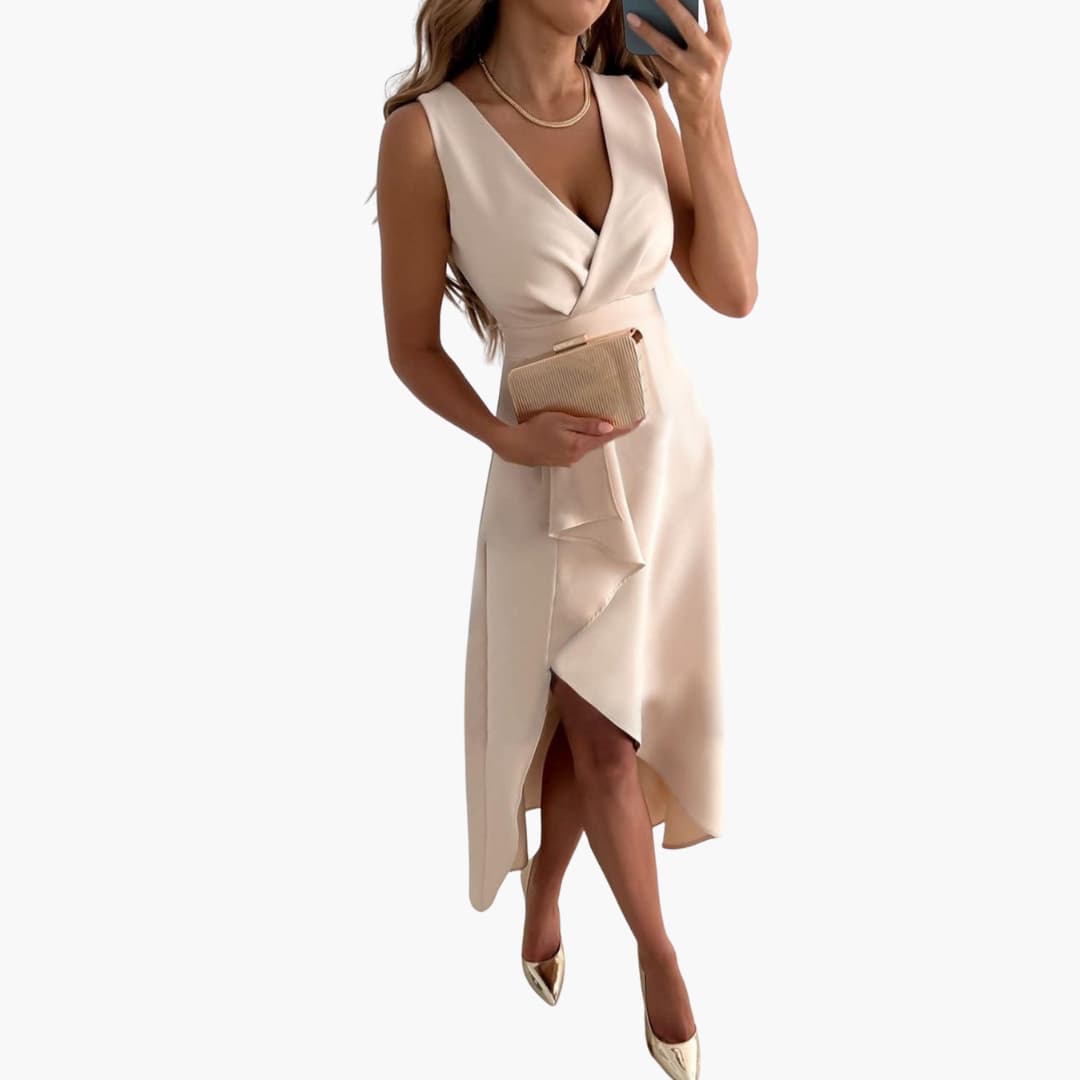 CM | Vestido midi de mujer sin mangas con escote en V y bajo alto