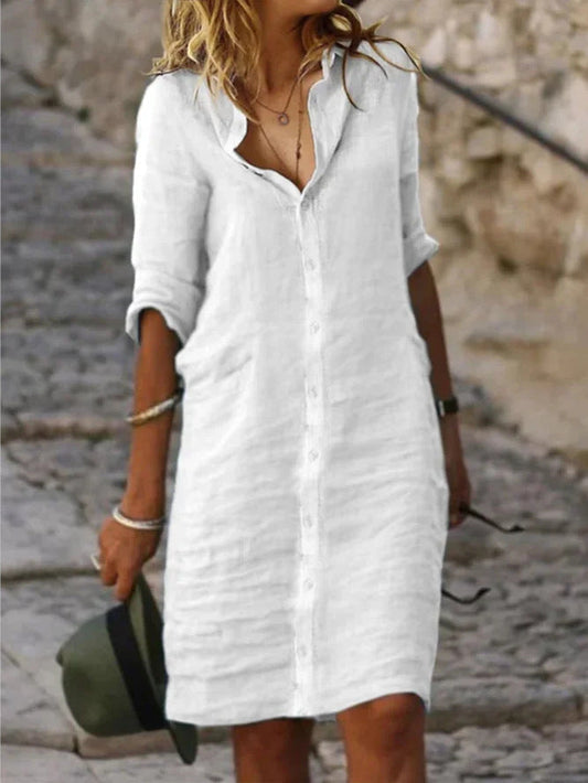 CM | Vestidos monocolor de algodón con vuelta y botones y media manga