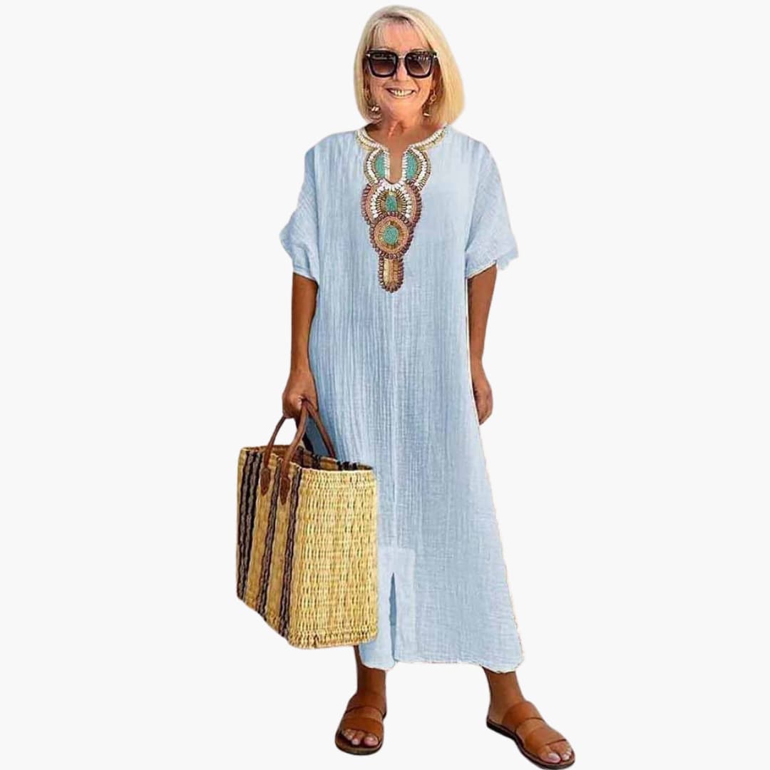 CM | maxi vestido boho de mujer con mangas cortas y abertura lateral
