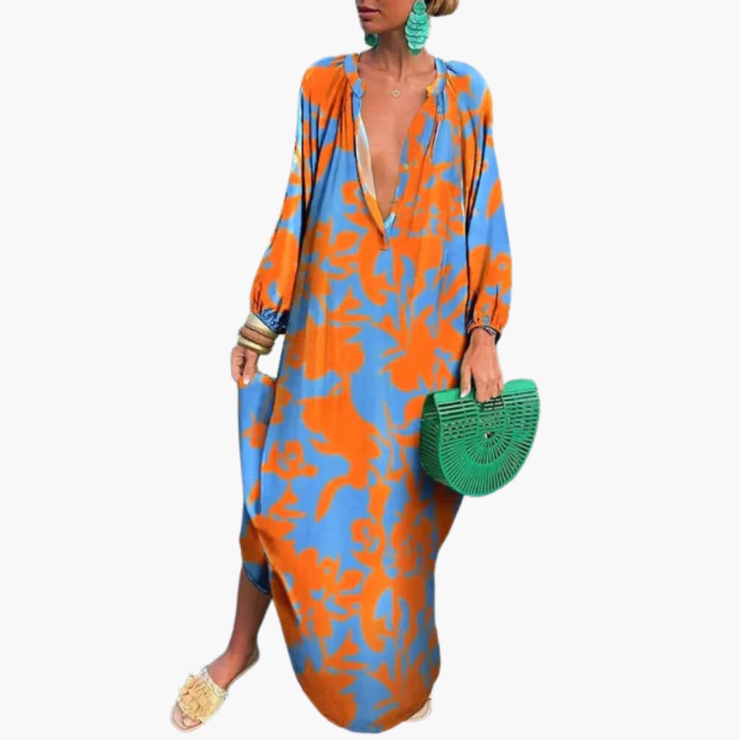 CM | Maxi vestido de mujer con manga larga y llamativo estampado
