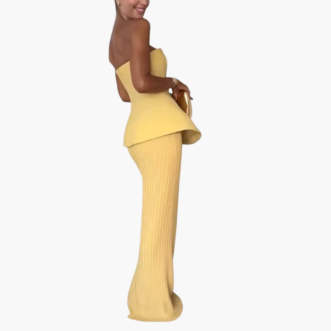 CM | maxi vestido sin tirantes para mujer con falda plisada y corpiño peplum