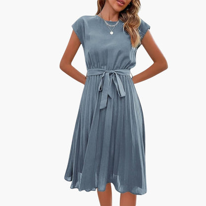 CM | Vestido midi informal de mujer con falda plisada y cinturón de anudar