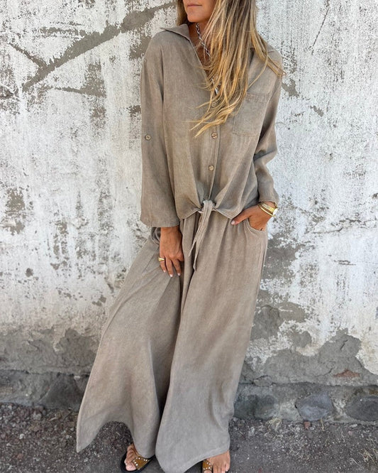 CM | Elegante conjunto de verano para mujer con pantalones anchos y blusa abotonada de manga larga