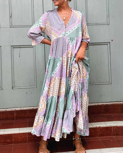 CM | Vestido maxi colorido con estampado colorblock y mangas 3/4