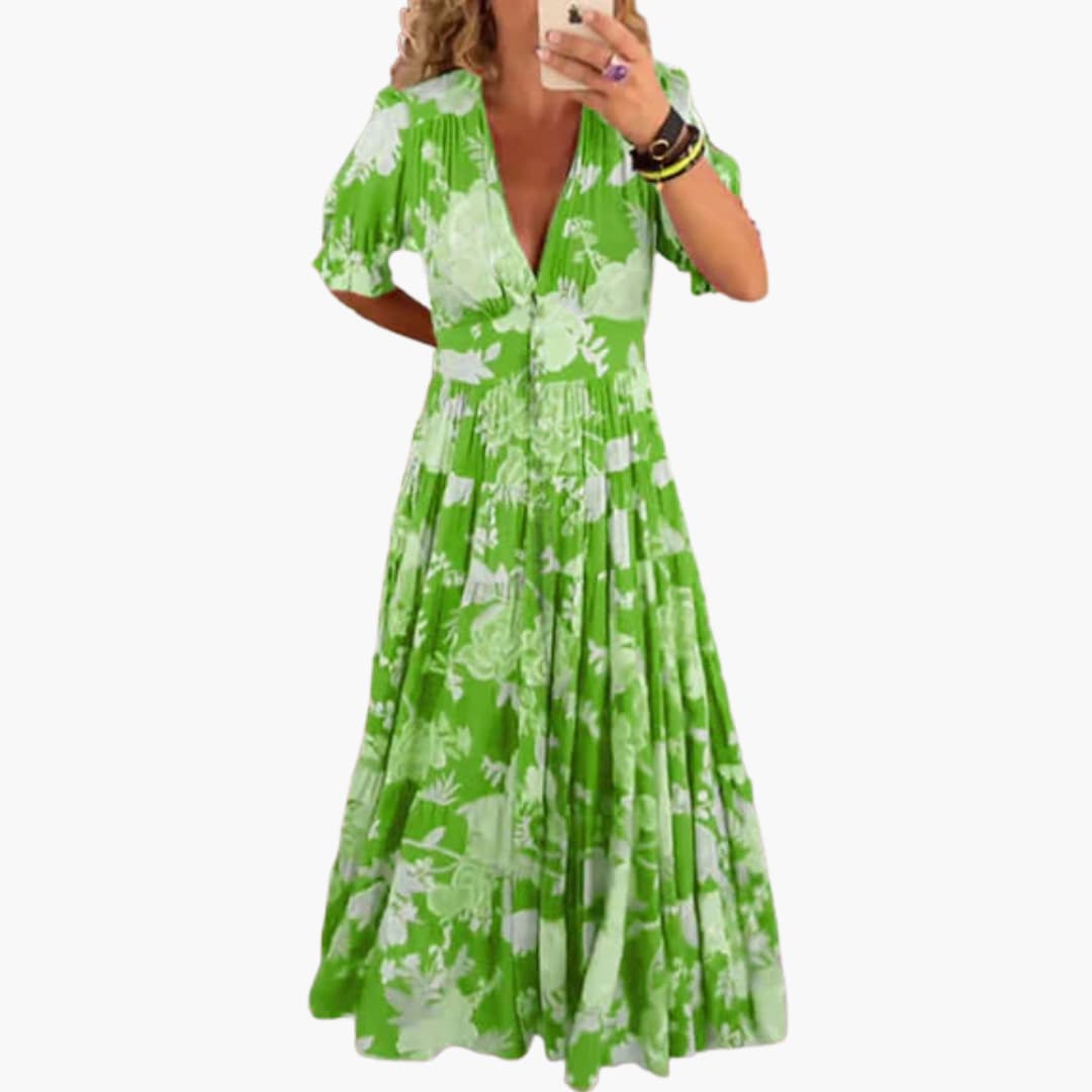 CM | Maxi vestido de mujer con mangas cortas y falda plisada