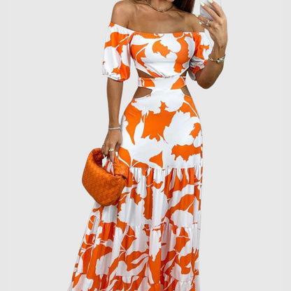 CM | Elegante vestido midi con grano y escote irregulares