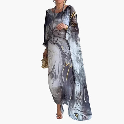 CM | Maxi vestido de mujer en gasa de seda con mangas murciélago y superposiciones