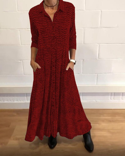 CM | maxi vestido de mujer - cierre de botones - mangas 3/4 - cuello camisero - corte fluido - con bolsillos